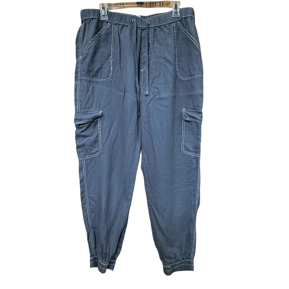 Nicole Miller 100% Linen Cargo Pants Gray XL Elastic Waist Joggers New - Picture 2 of 12